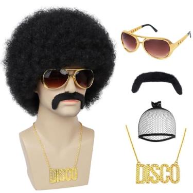 Imagem de Guree Hair Peruca afro masculina para festa discoteca dos anos 70, conjunto de 5 peças (Wig+ óculos + colar + bigode + touca de peruca) roupas dos anos 70 para cosplay festa de Natal de Halloween