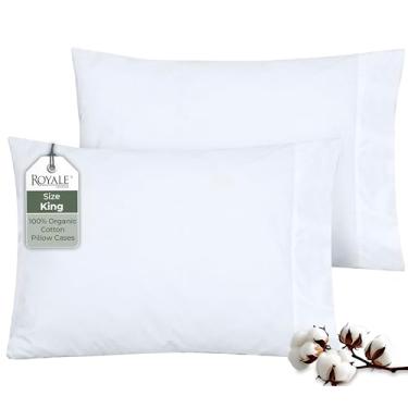 Imagem de ROYALE LINENS Conjunto de 2 fronhas percal 100% algodão orgânico - Fronha King Size Percal - Conjunto King de 2 fronhas - Fronhas brancas respiráveis, frescas e nítidas (50,8 x 101,6 cm, branca)