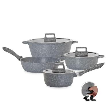 Imagem de MODA DO CHEF Jogo de Panelas Antiaderrnte 4 Peças Graniflon Cinza com Frigideira Caçarolas e Panela Antiaderente Premium, tampa de vidro Leve Fácil de Limpar Ideal para o Dia a Dia