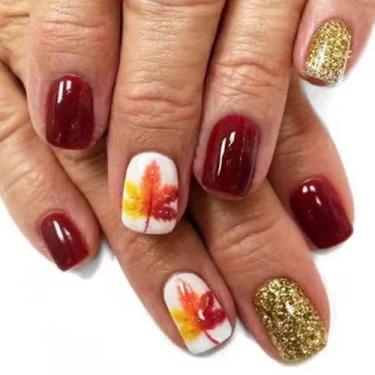Imagem de Pregos postiços curtos de ação de graças com desenhos de folha de bordo unhas quadradas, cola brilhante nas unhas, glitter dourado, unhas postiças, vermelho, artificial, 24 peças