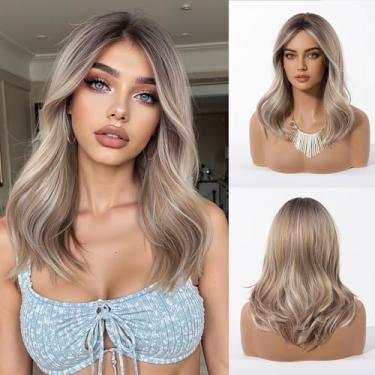 Imagem de Cemuto Peruca loira de praia ondulada curta para mulheres sem cola, ombré, loira, ondulada, sintética, comprimento do ombro, 40,6 cm