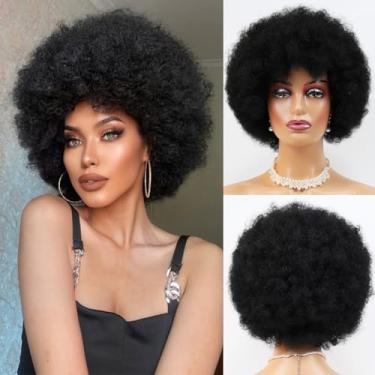 Imagem de MKJVEN Perucas Afro Curtas dos Anos 70 para Mulheres Negras, Peruca Afro Kinky Curly 155 Gram Natural Preto 203 cm Perucas Afro Curly para Festa Diária Cosplay Peruca (1B/Preto)