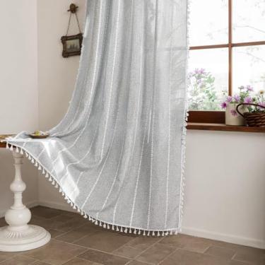 Imagem de BTTN Conjunto de 2 painéis de cortinas, comprimento de 153 cm, boho Farmhouse, linho texturizado, borla, cortinas para quarto e sala de estar, quarto de bebê, cortina de janela semitransparente boêmia