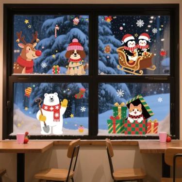 Imagem de ANATTASOUL Adesivos de janela estática de Natal, rena e pinguins, 1 folha de decalques reutilizáveis para vidro, 120 cm x 30 cm, adesivo removível de dupla face para quarto, escritório, decoração de