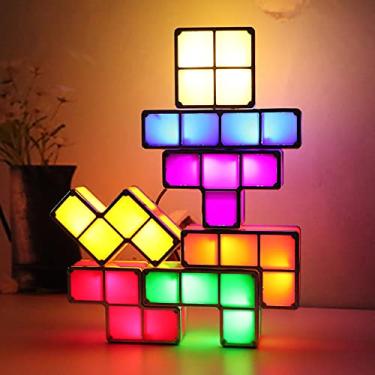 Imagem de VEEKI Luz noturna empilhável, LED empilhável, quebra-cabeças 3D, luzes noturnas, lâmpada de mesa interligada por indução, blocos de luz tangram DIY para decoração de quarto (luz noturna-USB)