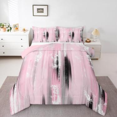 Imagem de Feelyou Conjunto de edredom abstrato moderno para todas as estações, arte abstrata, conjunto de cama com 2 fronhas, rosa, cinza, branco, microfibra, roupa de cama de luxo para decoração de quarto