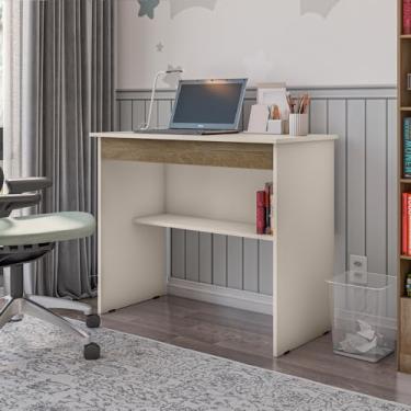 Imagem de Mesa Escrivaninha Multifuncional com 1 Gaveta e Nicho para Quarto Escritório (Off White/Freijó)