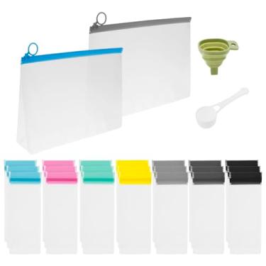 Imagem de KHZSPP Conjunto de recipientes de viagem de proteína em pó com 25 peças, reutilizável, 21 sacos de dose única e 2 sacos grandes com zíper com funil de colher para treino, fitness, viagens
