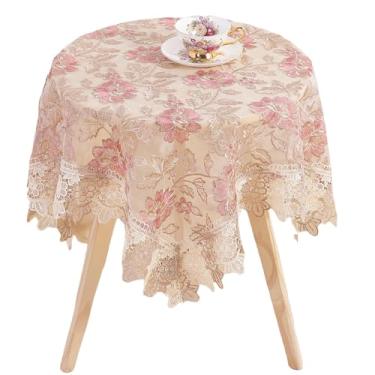 Imagem de Fhberni Toalha de mesa floral rosa redonda - Capa de mesa decorativa elegante bordada de renda para café e casamento (rosa, 122 cm redonda)