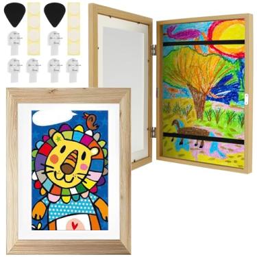 Imagem de DJAPWPX - Moldura de arte infantil de 1/2/4 peças, abertura frontal, moldura de arte infantil mutável, comporta 50 a 100 obras de arte para projetos de arte infantis (2, madeira)