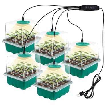 Imagem de Kit de 6 bandejas de sementes para iniciantes com luz de cultivo, controlador ajustável de brilho e temporização, bandejas de mudas com cúpulas de umidade e tampas elevadas, design espesso, ideal para
