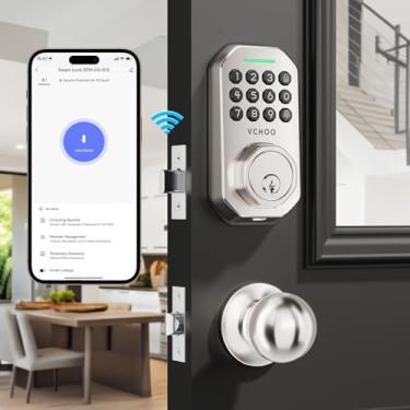 Imagem de VCHOO Fechadura de porta de entrada sem chave com alça Wi-Fi para porta da frente, controle de aplicativo, fechadura inteligente com senha antiespiar para casas, portas de quarto de hotel com 2
