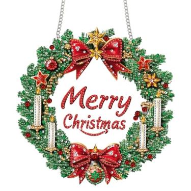 Imagem de Bimkole Kit de pendurar arte de diamante de Natal para adultos, guirlandas 5D faça você mesmo, pingente de janela de pintura de arte de diamante, enfeite de pendurar de arte de cristal acrílico para