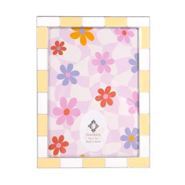 Imagem de Concepts Moldura retrô esmaltada quadriculada amarela e branca 20 x 25 cm com vidro transparente HD, molduras extraduráveis – tela pendurada na parede/mesa verticalmente ou horizontalmente