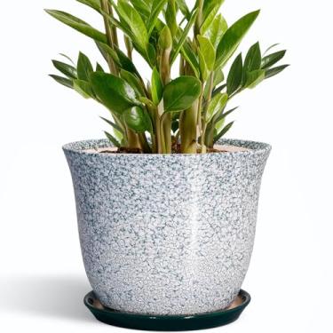 Imagem de SUNPOTFOR Vaso de cerâmica - Vaso de 25 cm para ambientes internos e externos, vaso redondo com orifício de drenagem e bandeja de plantas, vasos decorativos grandes, vaso de flores moderno, decoração