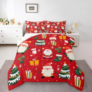 Imagem de jejeloiu Conjunto de edredom casal Feliz Natal, Papai Noel, para crianças, meninos, meninas, floco de neve, decoração de quarto de árvore de Natal, microfibra, 3 peças com 2 fronhas