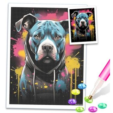 Imagem de MOER SKY Blue Pitbull Dog Diamond Painting for Adults, Cute Dog Pitbull Full Drill Diamond Art Painting Cross Stitch Crystal Strass Ótimo para decoração de banheiro de parede ou presentes 30,5 x 40,6