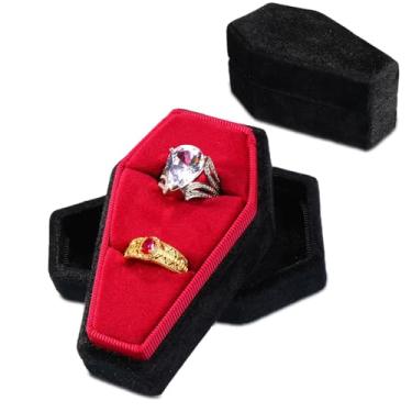 Imagem de CVchancin Caixa de anel de caixão gótico, estojo de joias de veludo de pelúcia para proposta e casamento, pequena caixa de anel de noivado portátil para mulheres, vintage exclusivo