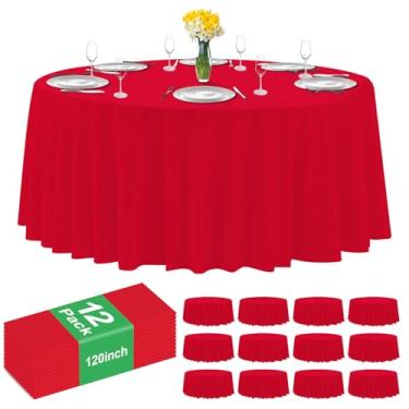 Imagem de CC-SLZP Pacote com 12 panos de mesa de plástico vermelho premium - toalha de mesa redonda de 300 cm, toalha de mesa descartável de plástico para festas (12, vermelha, redonda de 304,8 cm)