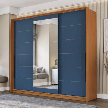 Imagem de Guarda-Roupa Casal Lisboa 3 Portas 4 Gavetas com Espelho Freijó/Azul - Politorno