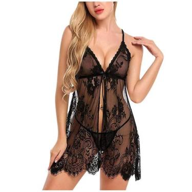 Imagem de Pijamas femininos de renda com cílios Halter Camisola Sexy Lingerie Ca