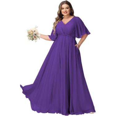 Imagem de Vestido de dama de honra YMSHA com babados, decote em V, linha A, roxo