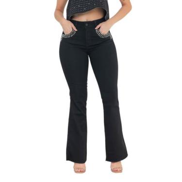 Imagem de Calça Feminina Flare Jeans Preto com Strass ao Redor do Bolso - Pthiri