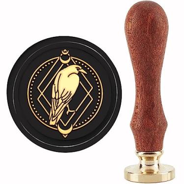 Imagem de CRASPIRE Carimbo de lacre de cera de corvo - 30 mm Corvo Lua Cristal Removível Cabeça de Latão Carimbo de Cera de Vedação de Halloween com Alça de Madeira para Envelopes de Casamento Convites Cartões