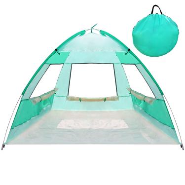 Imagem de Zyerch Barraca de praia pop-up para 4 pessoas, abrigo de praia anti-UV, fácil elevação, 3 janelas de malha e 6 sacos de areia, mantenha sua viagem à praia fresca (verde)