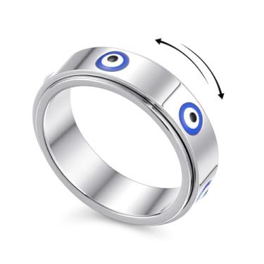 Imagem de YemmxLoo Anel fidget olho turco para mulheres e homens banhado a ouro 18 K, anel giratório para alívio da ansiedade, pingente da sorte, presente de joias, tamanho 6-10, 6-10, Aço inoxidável, Sem pedra