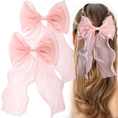 Imagem de Winsyison 2 presilhas de laço de fio de seda, presilhas de cabelo grandes de cauda longa, acessórios de laço francês para penteados lisos longos e curtos - rosa
