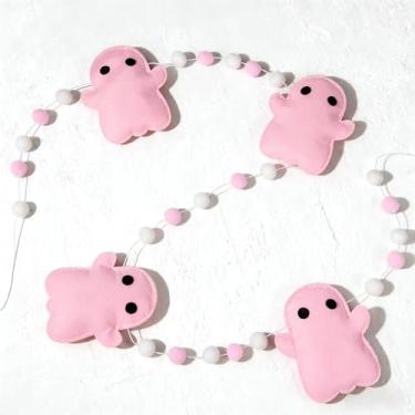 Imagem de Mindsoft Faixa fantasma de Halloween de 2,1 m, bola de feltro, guirlanda de fantasma fofa para decoração de Halloween, lareira, decoração interna e externa (rosa branco)