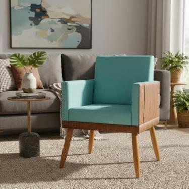 Imagem de Poltrona Decorativa Para Sala Manicure Consultório Recepção Cadeira Lis Corino Peroba e Suede Azul Turquesa