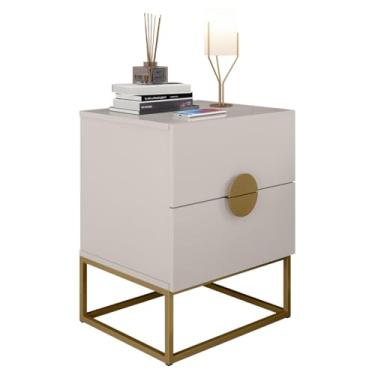 Imagem de Mesa de Cabeceira Industrial Pés de Aço com 2 Gavetas Corrediça Telescópica e Puxadores Meia Lua - LH Móveis (Off White/Pé Dourado)