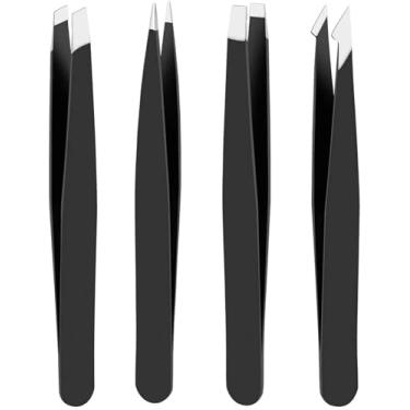 Imagem de Conjunto de 4 pinças profissionais de aço inoxidável para cabelos encravados, lascas faciais, removedor de cravos e carrapatos, ponta oblíqua nas sobrancelhas, cabelo, modelador de sobrancelhas