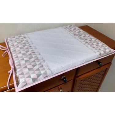 Imagem de Trocador para comoda de Bebe Bordado Rosa Geométrico com Guippir Luxo 