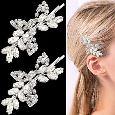 Imagem de 2 peças de clipes de cabelo nupciais com strass, folhas, alfinetes de cabelo para noivas, noivas, casamentos, presilhas de cristal, joias de strass prata para noivas, damas de honra, meninas