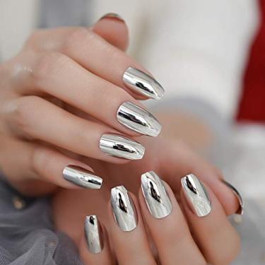 Imagem de Kit de decoração de unhas em acrílico, espelho de metal, prata, caixão médio, pontas de unhas falsas, inclui 1 conjunto de unhas, 1 mini lima, 1 adesivo de unha, 1 St de madeira