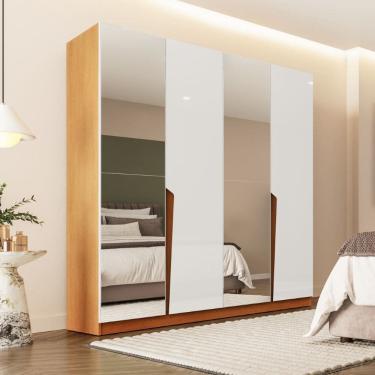 Imagem de Guarda Roupa Roupeiro 4 Portas 4 Gavetas com Espelho Porto Freijó Branco Politorno Móveis