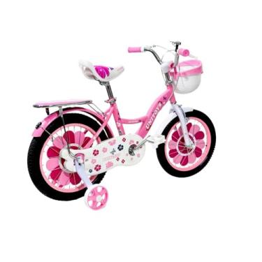 Imagem de Princess Bicicleta Infantil Aro 14, Rosa e Branca com Rodinhas, Cesta Frontal, Design Floral, Estrutura em Alumínio, para Aprendizado, Suporta até 50kg