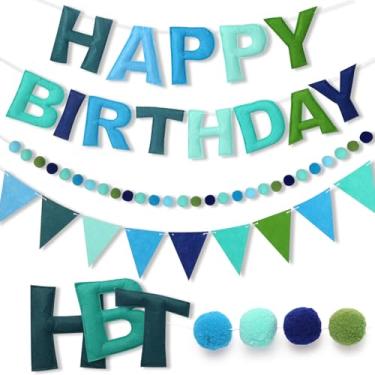 Imagem de Faixa pré-amarrada de feliz aniversário - guirlanda de bola de feltro galhardete feliz aniversário, triângulo de corda multicolorida (azul)