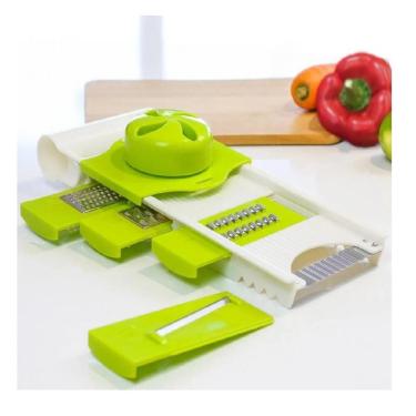 Imagem de Kit Ralador Mandolim Inox Com Pote Slicer Nicer 5 Em 1 Faiador Cortador Queijos Frutas Legumes