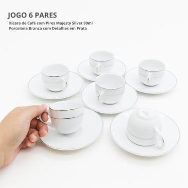 Imagem de Jogo Xicaras De Café Com Pires 90ml Kit 6 Peças Borda Prata Porcelana 