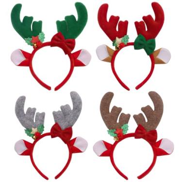 Imagem de LUMINFLY 4 faixas de cabeça de chifre de rena, 22 x 19 cm orelhas de veado com laço e estrela, acessórios de Natal de pelúcia para fotos e eventos de férias