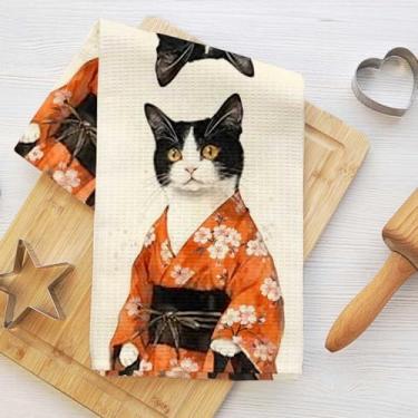 Imagem de Toalhas de cozinha de gato de pano tradicional, toalha de prato decorativa de microfibra absorvente estilo japonês, toalhas de chá de waffle para cozinha, casa, banheiro, presentes para amantes de