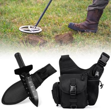 Imagem de Espátula de jardim resistente com pá detector de metais e bolsa de detecção, ferramenta de escavação resistente com espátula de escavação serrilhada dupla para caça ao tesouro, acampamento, paisagismo