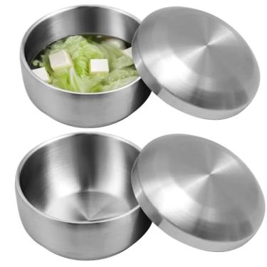 Imagem de Tigelas de aço inoxidável isoladas de 2 peças com tampas, tigelas de servir Ramen de 5,1 polegadas, tigelas de sopa de parede dupla para cozinhas coreanas