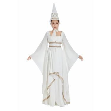 Imagem de daizbella Fantasia renascentista feminina vestido de princesa medieval com chapéu de hennin pontiagudo, vestido de renda com fio dourado, Branco, GG