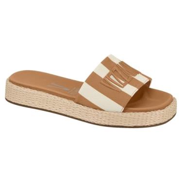 Imagem de Tamanco Slide Feminino Vizzano – Tecido Listrado, Flatform, Leve, Confortável e Uso no Dia a Dia (Branco Off/Camel, BR, Adulto, Numérico, 37)