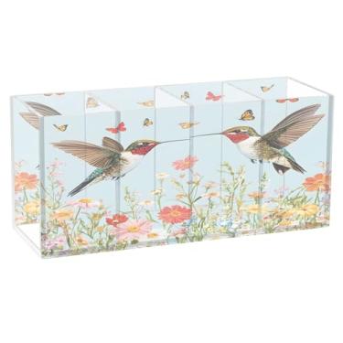 Imagem de SEHANY Lindo porta-canetas de acrílico com flores em aquarela, pássaro, 4 compartimentos, porta-lápis transparente, organizador de pincéis de maquiagem, organizador de papelaria para escritório, casa